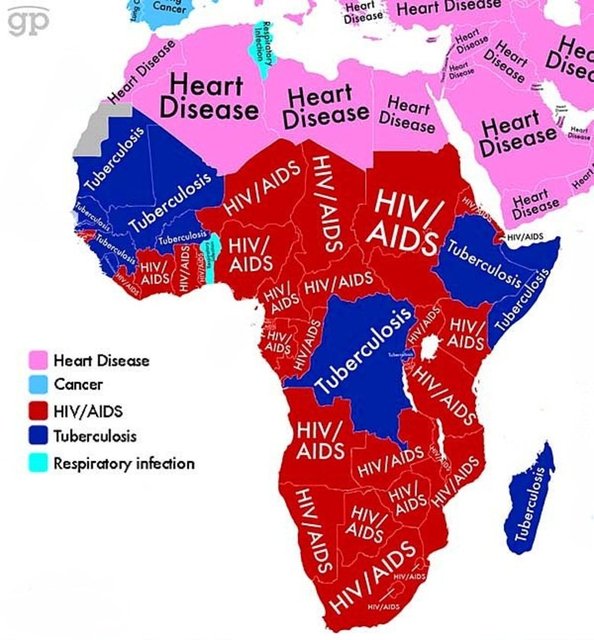 Mısır, Cezayir, Libya'da kalp hastalıkları en çok ölüme sebebiyet veren rahatsızlıktır. Bunun yanında, G. Afrika, Nijerya,Mozambik, Kamerun, Kenya, Gana, Sudan, gibi ülkelerde en çok AIDS can alıyor. Kongo, Somali, Madagaskar gibi ülkelrde ise Tüberküloz.