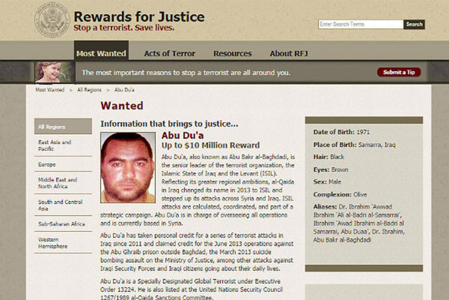 ABD Yönetimi, Bağdadi'nin ölü veya diri ele geçmesine yol açacak bilgi verebilecek kişi veya kişilere 10 milyon dolar (22 milyon TL) ödül taahhüt etti.