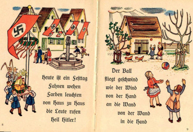 Örneğin 1935  tarihli İlk Kitabım adlı okuma kitabında, çocuklar evlerini gamalı haçlı bayrak ve güllerle süsleyen annelerine yardım ediyor, içlerinden biri de gamalı haç  çiziyordu.