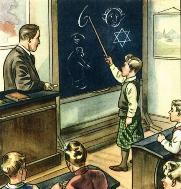 Görsel: Bir Nazi ders kitabından alınan görsel. "Yahudi burnunun ucu kıvrıktır; 6 rakamına benzer" konusu işleniyor.