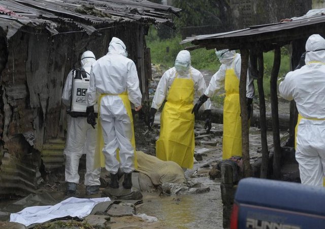 Koruyucu kıyafet giymiş sağlık çalışanları; Monrovia'daki Duwala pazarında, Ebola belirtileri gösteren kimliği belirlenememiş ölü bir bedeni taşımaya hazırlanıyor. (Liberya, 17 Ağustos 2014, REUTERS/2Tango)