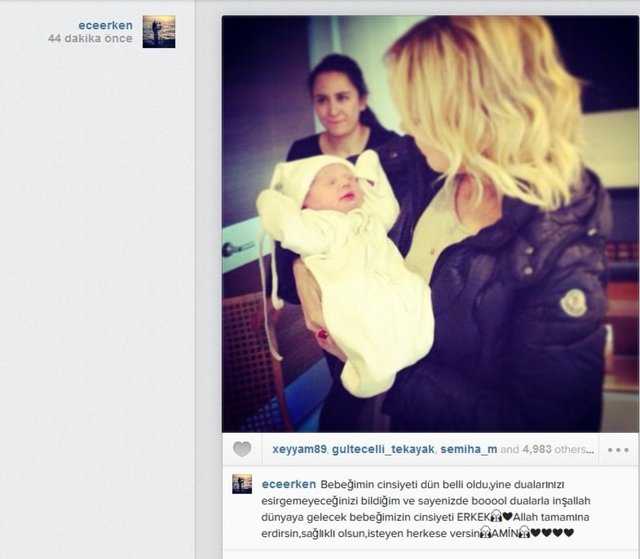 Ece Erken bebeğinin cinsiyetini ilk olarak Instagram hesabından takipçilerine duyurdu.