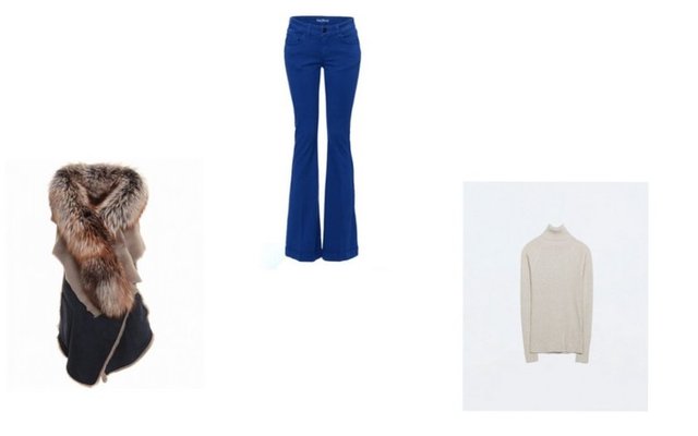 Sezonun iki hit parçası olan İspanyol paça pantolon ve kürk yeleği, naturel tonlarda seçilmiş bir basiz balıkçı yaka kazakla birlikte kombinleyebilirsiniz. Pantolon Network 149.50 TL. Yelek Homestore 3.499.50 TL.