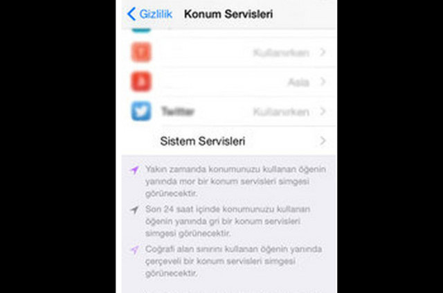 'Gizlilik' menüsünün altında 'Konum Servisleri' menüsüne giriyorsunuz.  -