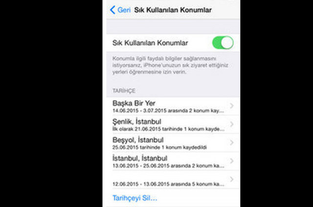 Açılan menüde 'Sık Kullanılan Konumlar' açılacak. Burayı açtığınızda ise; son zamanlarda nerelerde bulunduğunuz, kaç defa bulundunuz...  -