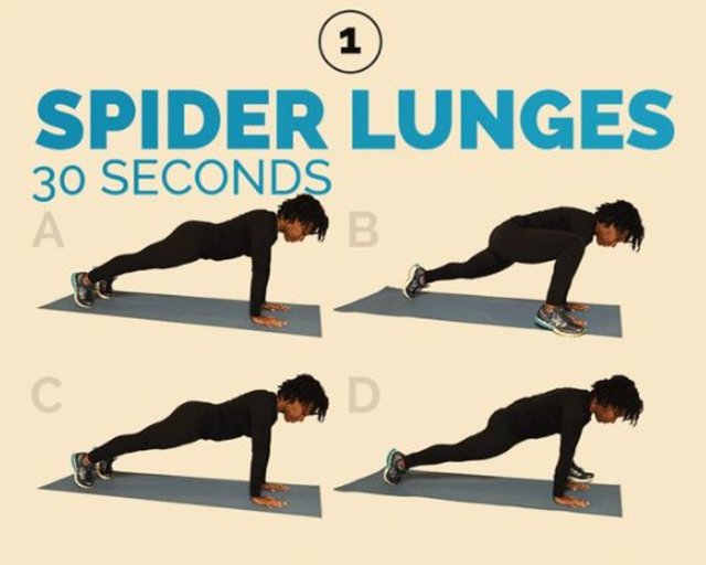 20 dakikalık sert çalışma - Turu 10 seferde tamamlayın  - Tüm hareketleri doğru uygularken, mümkün olduğunca dikkatli ve hızlı olun. - Örümcek hamleleri  -    30 saniye  -    10 saniye dinlenme