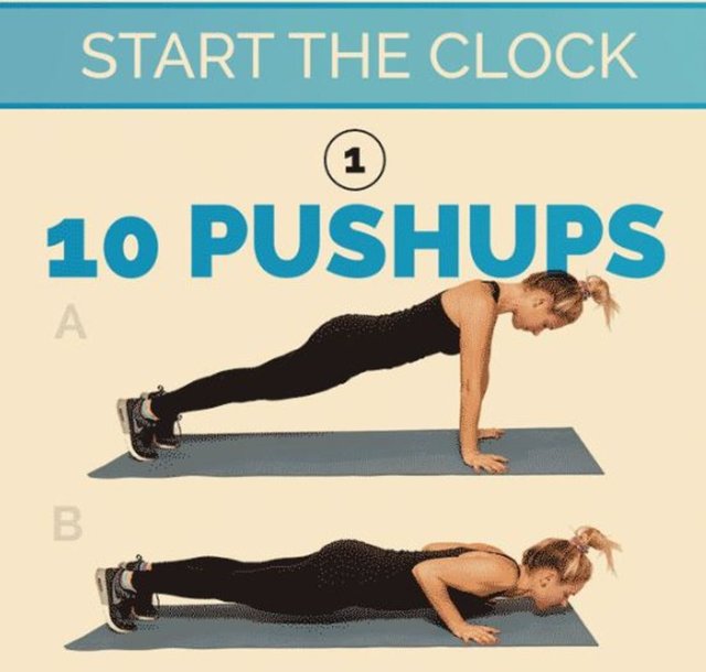 20 dakikalık tüm vücut çalışması - Turu 5 seferde tamamlayın - Tüm hareketleri doğru uygularken, mümkün olduğunca dikkatli ve hızlı olun. - Saati başlatın - 1-10 Şınav çekme