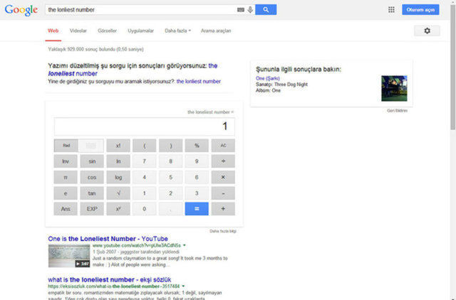Örneğin, en yalnız sayı anlamına gelen "the lonliest number" yazıp arattığınızda Google bize bu sayının "1″ olduğunu söylüyor.