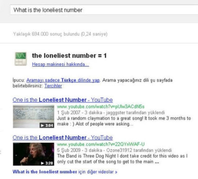 Google`a hergün birçok garip ve gülünç sorular sorulmakta.`What is the loneliest number` (en yalnız sayı hangisi) yazdığınızda Google`ın hesap makinesi, size "1" cevabını verecektir.