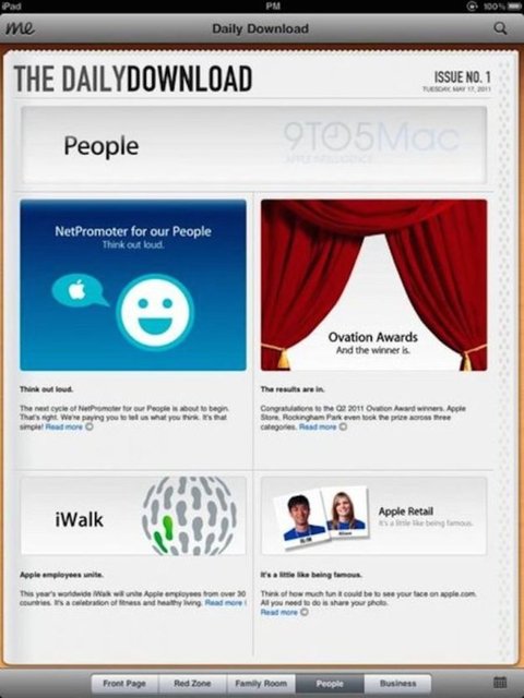Daily Download  - 9to5Mac sitesi ilk olarak 2011 yılında Daily Download uygulamasını keşfetti . Bu uygulamada çalışanlar için şirkette neler olduğunu gösteren bir iç gazete bulunuyor. -