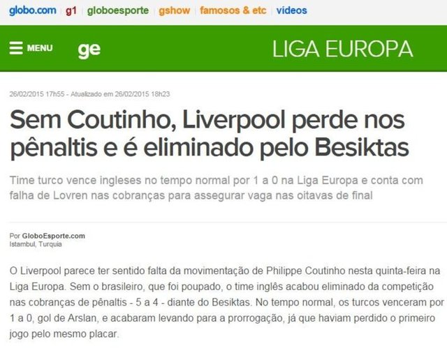 GLOBO ESPORTE: "Tolgay'ın golünde kaleci çaresiz kaldı. Coutinho'suz Liverpool, Beşiktaş'a elendi"  - (Sporx)