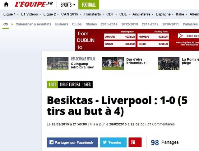 L'EQUIPE: "Uzatma dakikaları sonrası Lovren penaltıyı kaçırdı ve Beşiktaş, Liverpool'u eledi"