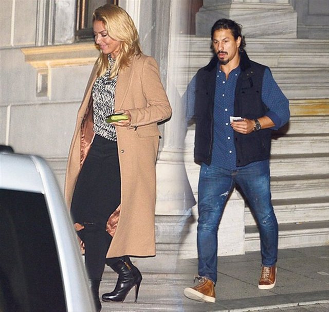 Yan yana görüntü vermemek için koşar adım arabalarına binen çift, soruları duymamazlıktan geldi. (Makaron)