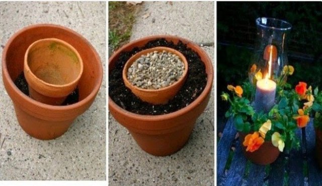 2 farklı ebattaki saksıyı orta kısma mum koymak için aranje edebilirsiniz. Bu sistem sulama şekli farklı olan 2 farklı bitki türü içinde kullanılan bir yöntem.