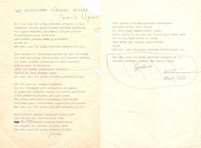 Tomris Uyar'ın 1980 yılındaki doğum günü için yazdığı şiirin özgün kopyasını, Tomris ve Turgut Uyar'ın oğlu Hayri Turgut Uyar kendi blogunda paylaştı. -
