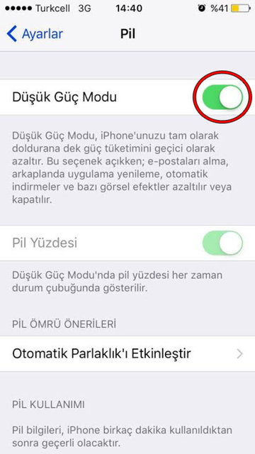 En yukarıda bulunan 'Düşük Güç Modu' seçeneğini aktif edin.