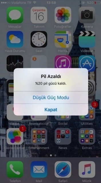 Şarjınız %20'nin altına düştüğünde 'Düşük Güç Modu' seçeneğini barındıran bir bildirimle karşılaşıyorsunuz.
