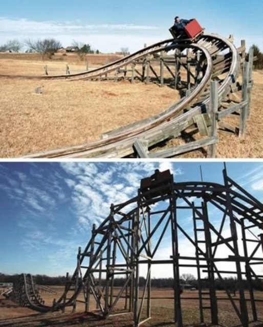 El yapımı Roller Coaster: Lunapark ücretlerinin artmasıyla birlikte çözümü kendine yeni bir Roller Coaster icat etmekte bulan Jeremy Reid bu akılalmaz oyuncağı ailesinin evinin bahçesine inşa etti.