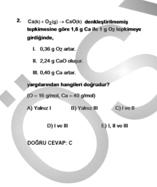 LYS 2 Kimya soru ve cevapları