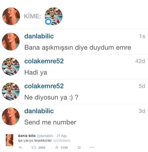 Bilic, geçtiğimiz günlerde Cristiano Ronaldo'nun, Türk model Cansu Taşkın'a instagram üzerinden yolladığı 'Send me number' (Bana numaranı yollar mısın?) mesajını futbolculara göndererek gelen cevapları paylaştı.