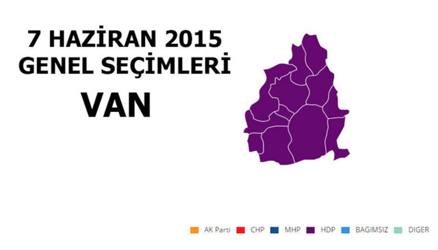 HDP: %74,82 - MİLLETVEKİLİ SAYISI: 7 - AK PARTİ: %19,38 - MİLLETVEKİLİ SAYISI: 1 - MHP: %2,70 - MİLLETVEKİLİ SAYISI: 0 - CHP: %0,98 - MİLLETVEKİLİ SAYISI: 0