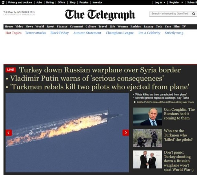 İngiliz Telegraph gazetesi, Rus savaş uçağının Türkiye'nin uyarılarını görmezden geldiğinin altını çizdi. 