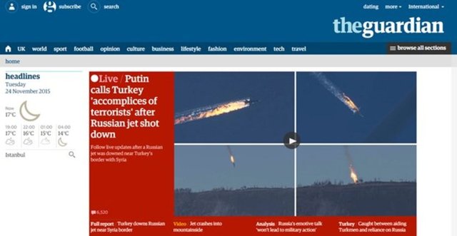 İngiliz Guardian gazetesi, haberi, "Türkiye, Suriye sınırı yakınında Rus savaş uçağını düşürdü" başlığıyla gördü. Guardian, sınır ihlali tartışmasına da yer verdi. Türkiye ve Rusya'dan yapılan açıklamaları yayımladı.
