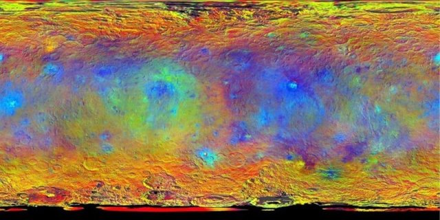 Yine Ceres'in New Horizons görevinde elde edilmiş ayrıntılı bir haritası.