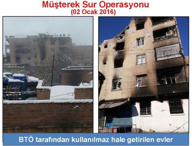Evlerin arasındaki duvarları kırarak mevziler arası geçişi sağlayan teröristler, insansız hava araçlarının görüntü almasını engellemek için evlerin arasına, sokaklara perde, branda çekiyor. Teröristler evlerin dış cephelerinde açtıkları deliklerden güvenlik güçlerine ateş açıyor.  -  