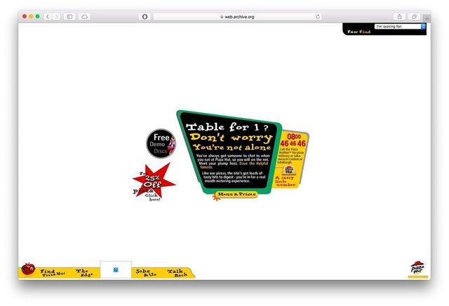 Ünlü Amerikan Pizza markası, Pizza Hut'ın 1994 yılında kurulan web sitesi.