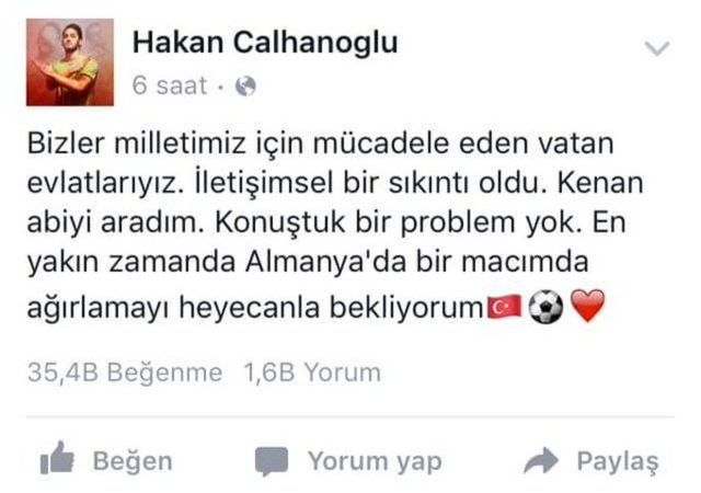 Daha sonra Hakan Çalhanoğlu bir açıklama yaptı ve olay tatlıya bağlandı... Çalhanoğlu, "Kenan abiyi aradım. Konuştuk bir problem yok. En yakın zamanda Almanya'da bir macımda ağırlamayı heyecanla bekliyorum" diye yazdı... Ancak sosyal medyada bütün gece bu olay konuşuldu... İşte yazılanlar: