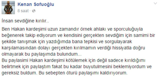 Kenan Sofuoğlu, milli futbolcu ile yaptığı görüşmenin ardından sosyal medya hesabından şu paylaşımda bulundu: "Hakan Çalhanoğlu, beni tanıyıp tanımaman önemli değil, ama seni seven birine bu şekilde cevap vermen sana yakışmadı"