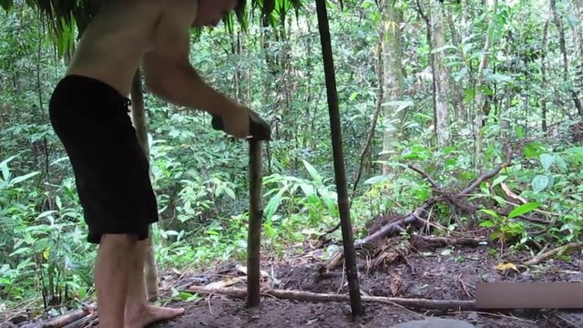 Kestiği dalları duvar desteği olarak kullanıyor...