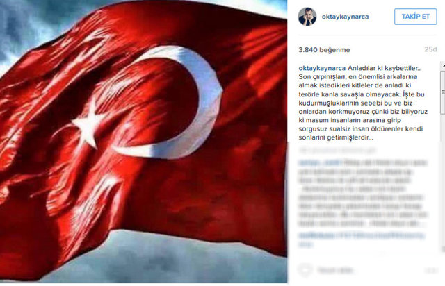 OKTAY KAYNARCA Anladılar ki kaybettiler.. Son çırpınışları, en önemlisi arkalarına almak istedikleri kitleler de anladı ki terörle kanla savaşla olmayacak. İşte bu kudurmuşluklarının sebebi bu ve biz onlardan korkmuyoruz çünki biz biliyoruz ki masum insanların arasına girip sorgusuz sualsiz insan öldürenler kendi sonlarını getirmişlerdir...