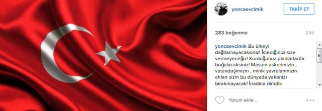 YONCA EVCİMİKBu ülkeyi dağıtamayacaksınız! İstediğinizi size vermeyeceğiz! Kurduğunuz planlarlarda boğulacaksınız! Masum askerimizin , vatandaşımızın , minik yavrularımızın ahları sizin bu dünyada yakanızı bırakmayacak! İnadına dimdik korkmadan!