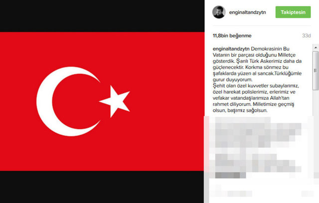 ENGİN ALTAN DÜZYATAN - Demokrasinin Bu Vatanın bir parçası olduğunu Milletçe gösterdik. Şanlı Türk Askerimiz daha da güçlenecektir. Korkma sönmez bu şafaklarda yüzen al sancak.Türklüğümle gurur duyuyorum.Şehit olan özel kuvvetler subaylarımız, özel harekat polislerimiz, erlerimiz ve vefakar vatandaşlarımıza Allah'tan rahmet diliyorum. Milletimize geçmiş olsun, başımız sağolsun.