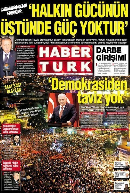 Gazete Habertürk, 16 Temmuz 2016'da 1. sayfasını 02:30'da bu şekliyle baskıya göndermişti. 