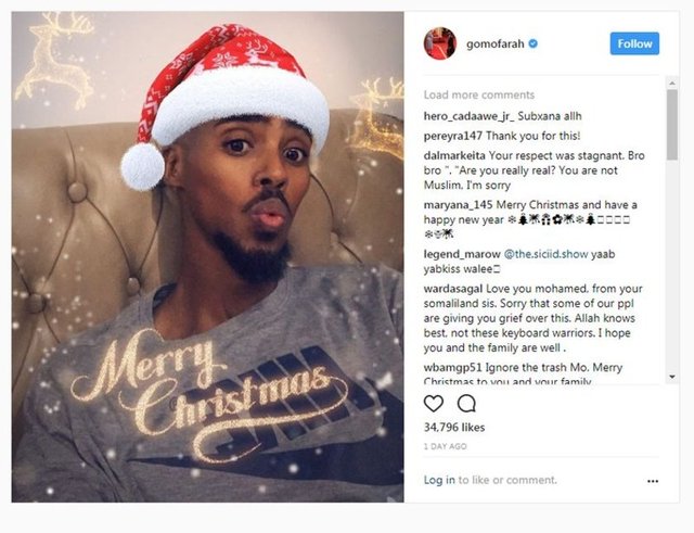 MO FARAH - Mo Farah'a Noel tepkisi - İngiltere'de 4 Olimpiyat altın madalyalı uzun mesafe koşucusu Muhammed (Mo) Farah'ın, Noel Baba şapkası takıp "Mutlu Noeller" yazdığı fotoğrafı sosyal medyada tepkilere neden oldu. Müslümanlar 'Bu kıyafetle mesaj yazdığı için utanması gerektiğini' söyleyerek Farah'ı eleştirirken Müslüman karşıtları ise sporcunun Noel kutlamaya hakkı olmadığını ileri sürdü.