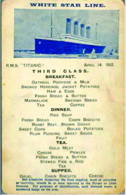 Birinci sınıf yolcularının 14 Nisan 1912 yemek menüsü.