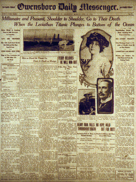 The Owensboro Daily Messenger'ın Titanic'in battığını bildiren haberi.