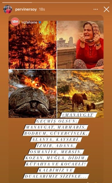 SOSYAL MEDYA HESABINDAN ÜZÜNTÜSÜNÜ DİLE GETİREN PERVİN ERSOY, YANGINDAN ZARAR GÖRENLERE TÜM VATANDAŞLARA DUALARIMIZ SİZİNLE MESAJI VERDİ.