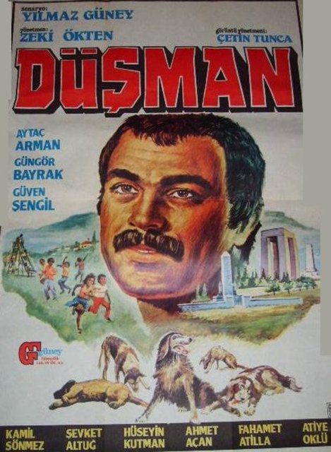 DÜŞMAN (1979)Yönetmen... Zeki ÖktenSenarist… Yılmaz GüneyOyuncular… Aytaç Arman, Güngör Bayrak, Hikmet ÇelikKonusu… 'İsmail', belli bir işi olmayan ve ailesinin karnını doyurmak için her işte çalışan yoksul bir kenar mahallelidir. Gelişen modern emperyalizmle birlikte 'İsmail' gibi istemeye istemeye, korka korka para kazananların yanında 'İsmail'in eşi gibi bu duruma kananlar da vardır.