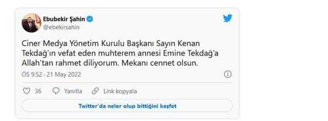 GENEL RADYO TELEVİZYON ÜST KURULU BAŞKANI EBUBEKİR ŞAHİN, TWITTER'DAN YAYINLADIĞI MESAJLA TAZİYELERİNİ İLETTİ. -  