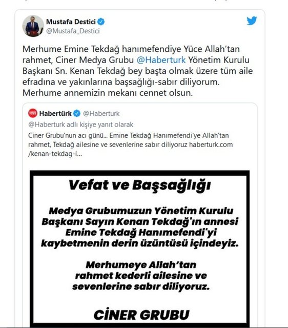 BBP GENEL BAŞKANI MUSTAFA DESTİCİ SOSYAL MEDYA HESABINDAN YAYINLADIĞI MESAJLA TAZİYELERİNİ İLETTİ.