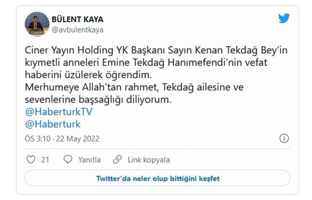 SP GENEL BAŞKAN YARDIMCISI BÜLENT KAYA TWITTER'DAN YAYINLADIĞI MESAJLA TAZİYELERİNİ CİNER YAYIN HOLDİNG AİLESİNE İLETTİ.