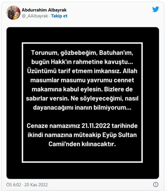 ABDURRAHİM ALBAYRAK ACI HABERİ SOSYAL MEDYADAN DUYURDU.