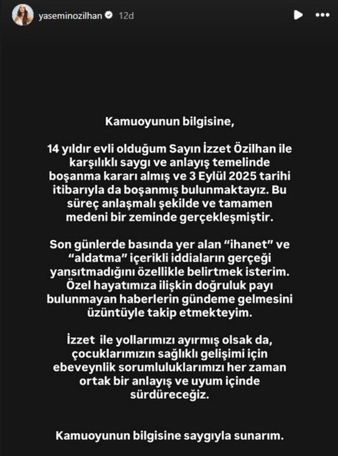 YASEMİN ERGENE, İZZET ÖZİLHAN İLE AYRILDIKLARINI SOSYAL MEDYA HESABINDAN DUYURDU.