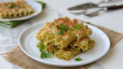 Pestolu peynirli fırın makarna