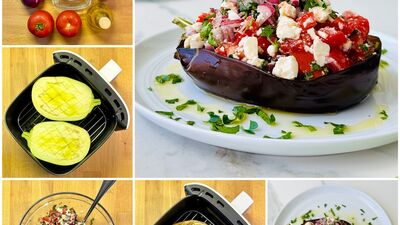 Peynirli domatesli közlenmiş patlıcan salatası 