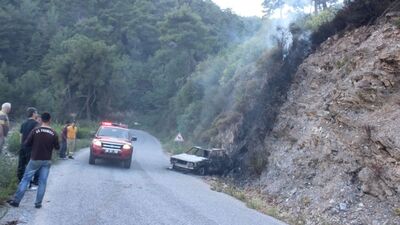 Alev alan otomobil ormanı da yakıyordu